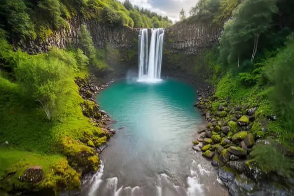 Majestic Waterfall Plunging into Turquoise Pool Scenic Nature