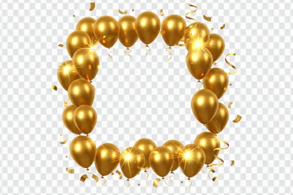 Golden Balloon Square Frame with Confetti PNG