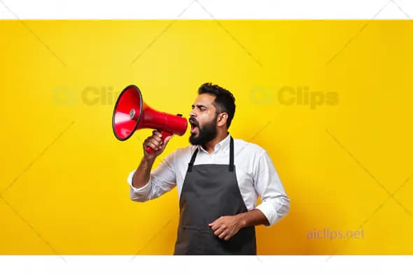 Man Shouting Through Megaphone in Apron