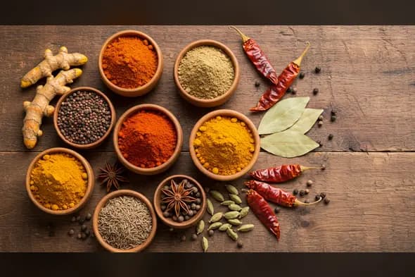 Colorful Indian Masala Spices in Wooden Bowls | Authentic Flatlay | AIClips