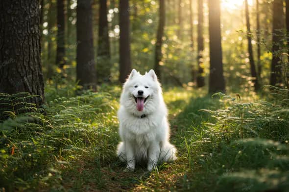 Joyful Samoyed in Sunlit Forest