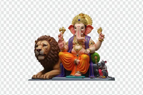 Vibrant Ganesha Seated on Majestic Lion PNG