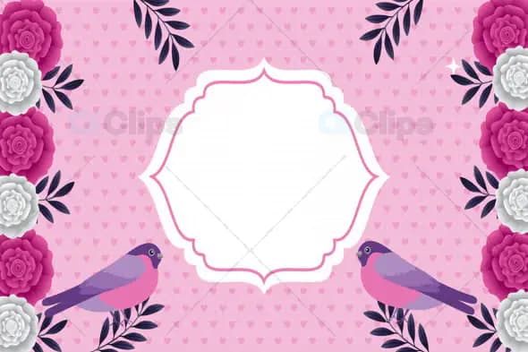 Romantic Floral Frame with Birds on Pink Background