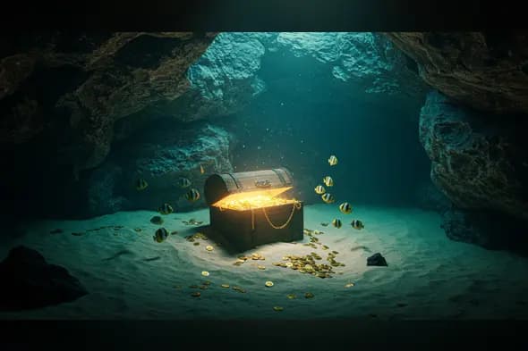 Golden Treasure Chest in Underwater Rocky Cave with Fish
