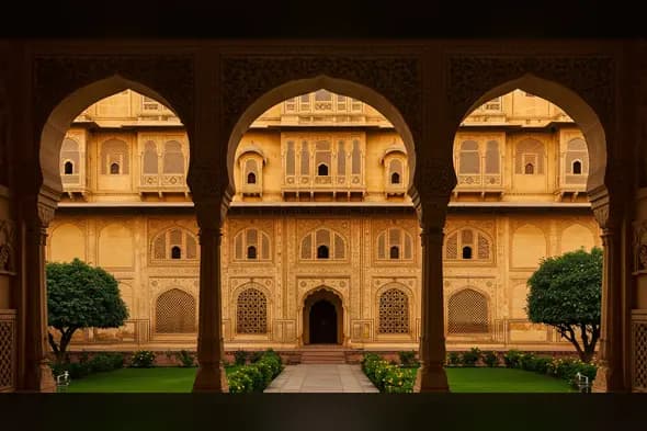 Royal Arched Courtyard with Jali Windows and Garden Symmetry | Indian Palace Aesthetic