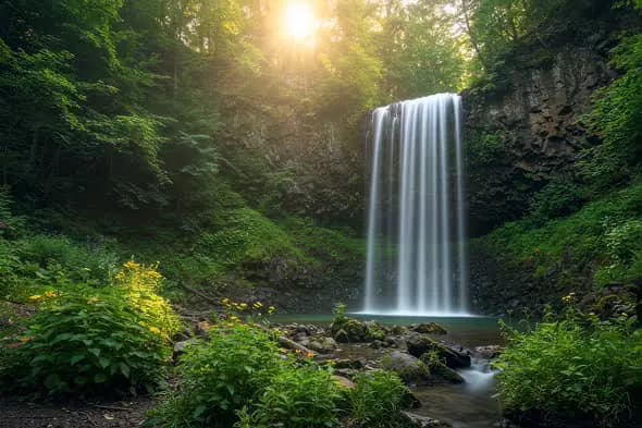 Sunlit Cascading Waterfall Amidst Lush Forest Landscape