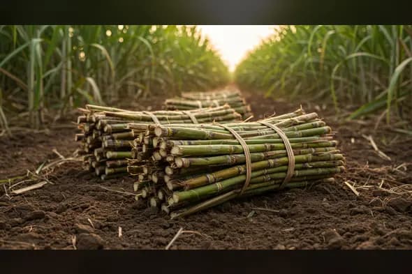 Fresh Sugarcane Bundles on Soil Pathway | AIClips Rural Farm Sunrise Scene