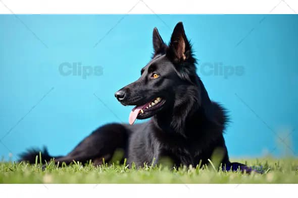 Black German Shepherd Against Blue Background