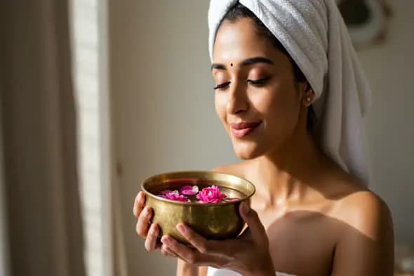Elegant Indian Woman Enjoying Herbal Skincare Ritual with Rose Petals in Brass Bowl