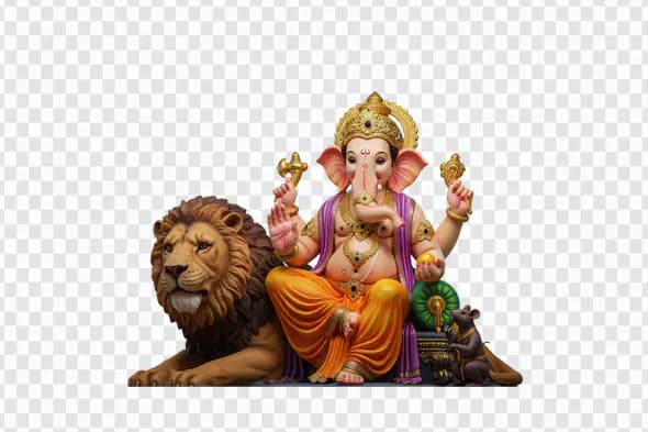 Ganesha Seated on Majestic Lion Statue PNG