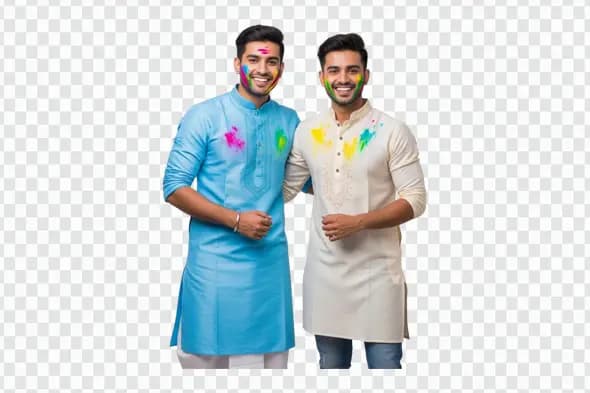 Two Happy Indian Men in Kurtas for Holi PNG