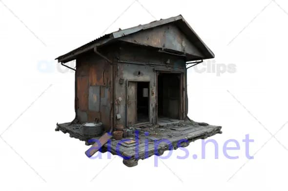 3D Abandoned Rusty Cabin with Worn Deck