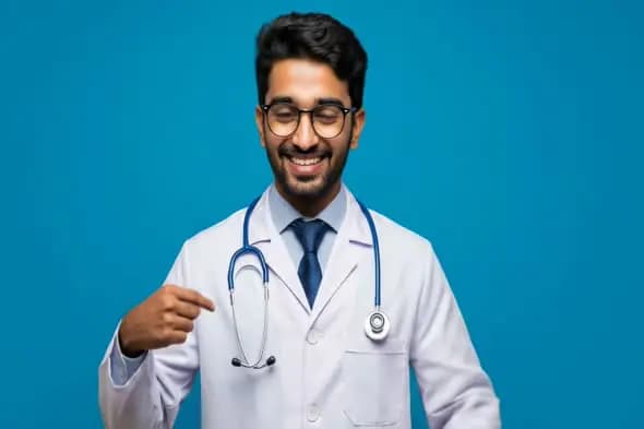 Smiling Indian Doctor Pointing at Stethoscope