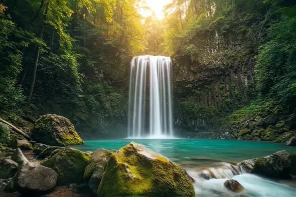 Pristine Waterfall Plunges into Turquoise Forest Pool Sunlit