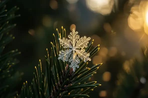 Crystalline Snowflake on Pine Needles in Golden Light
