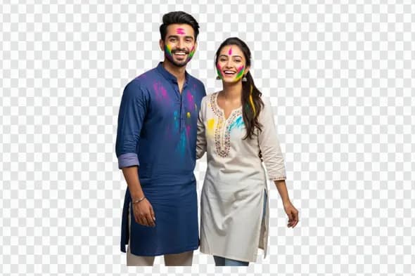 Joyful Young Indian Couple with Holi Colors PNG