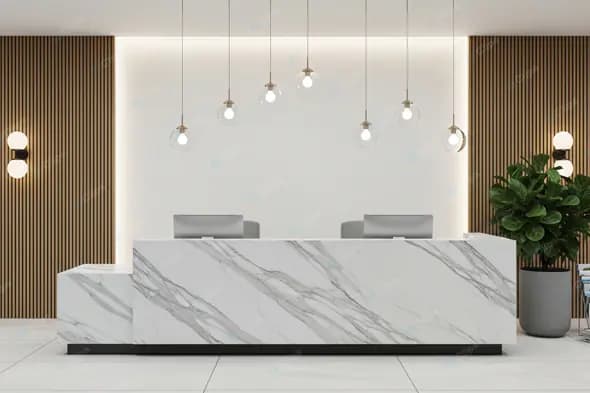 Marble Reception Desk with Pendant Lights