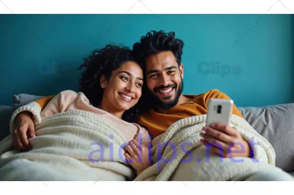Couple Smiling on Sofa with Smartphone