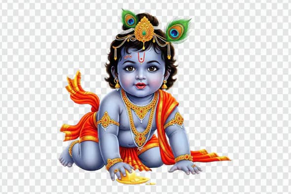 Playful Baby Krishna with Ornate Headdress PNG