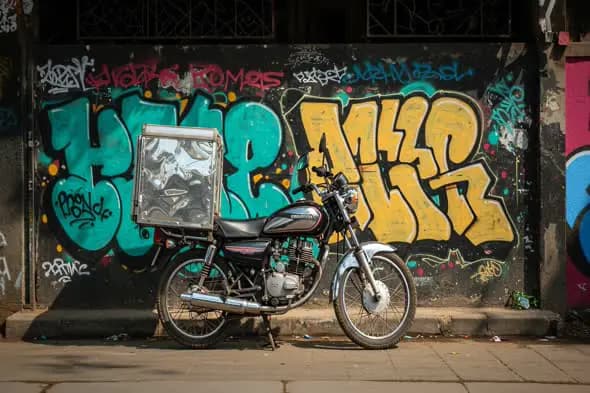Food Delivery Bike in Front of Urban Graffiti Wall