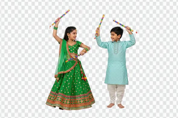 Cheerful Children Dancing with Colorful Dandiya Sticks PNG