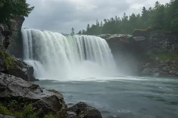 Powerful Waterfall Thunders Through Rugged Wilderness Landscape