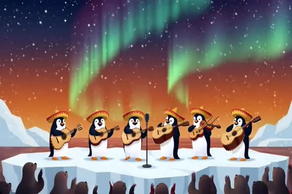 Animated Penguins Singing and Playing Instruments Under Northern Lights