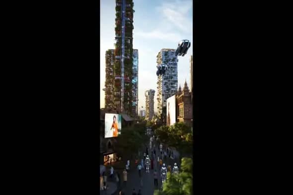 Futuristic Green City with Flying Cars and Robot Pedestrians