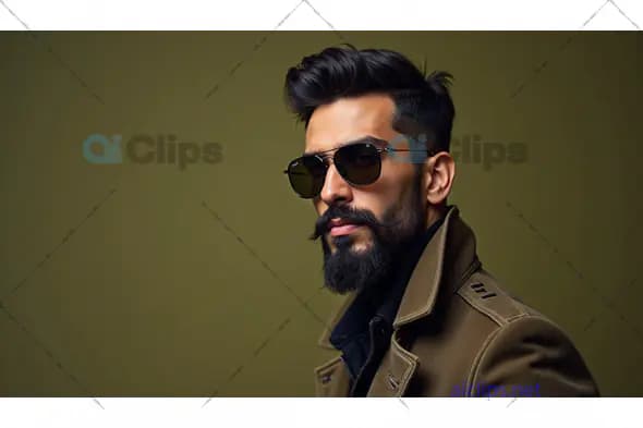Stylish Bearded Man in Sunglasses and Military Jacket