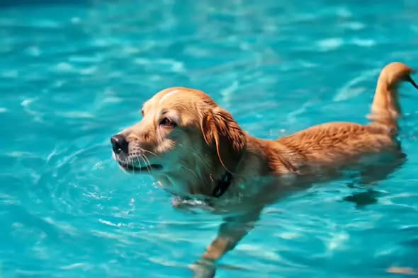 Golden Retriever Swimming in Turquoise Pool
