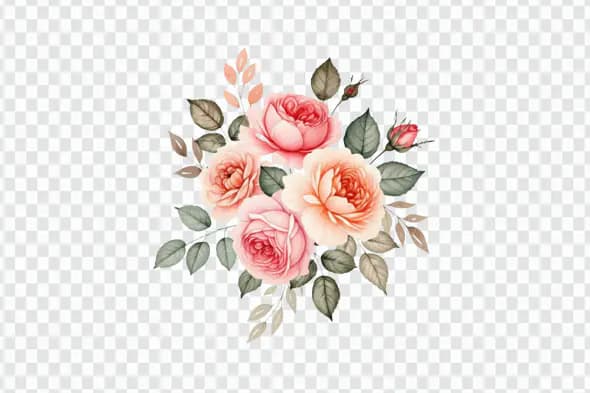 Delicate Coral Rose Watercolor Floral Composition PNG