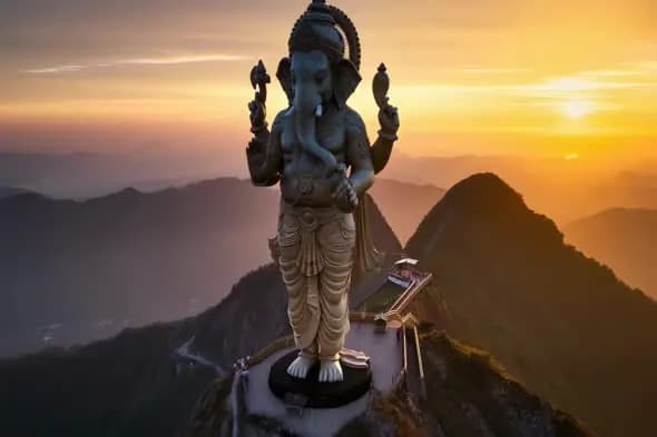 Majestic Ganesha Statue Overlooking Scenic Mountain Sunset