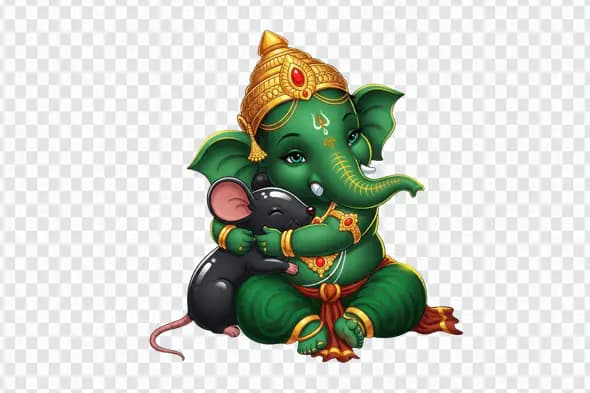 Baby Ganesha hugging mouse deity PNG clipart