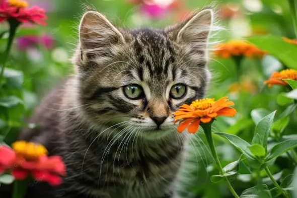 Adorable Kitten in Colorful Garden