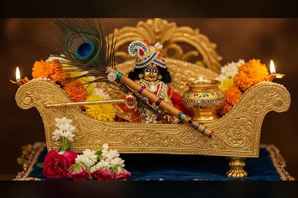 Baby Krishna in Golden Jhula with Decorative Flute and Kalash | AIClips Janmashtami Visual