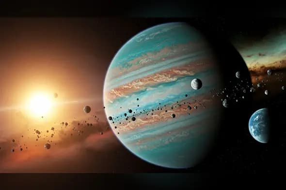 Galactic Sunrise over Ringed Gas Giant with Moons and Asteroids