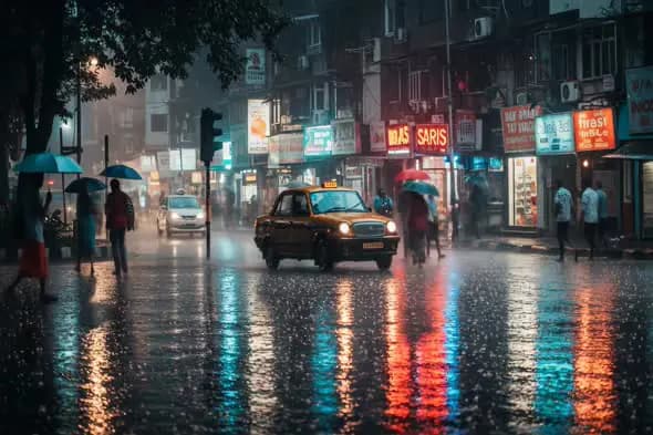 Colorful Reflections and Yellow Taxi on Rain-Soaked Indian Street at Night