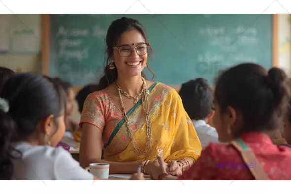 Indian Teacher Smiling in Classroom with Students