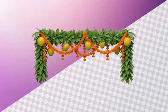 Mango leaf toran with marigold garland decoration
