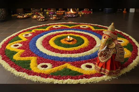 Onam Pookalam with Diya & Decorated Ganpati Idol | AIClips Indian Festival Decoration Photo