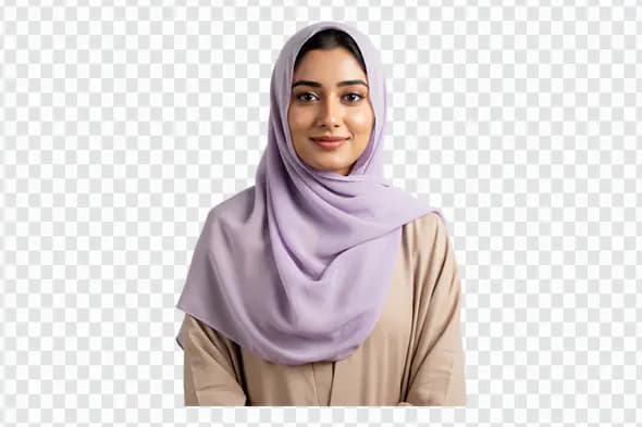 Confident Muslim Woman in Lavender Hijab PNG