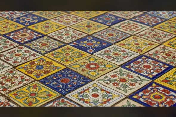 Vintage Ceramic Floor Tiles with Floral Motifs | Hand-Painted Mosaic Art
