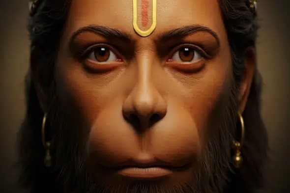Lord Hanuman Close-Up Face in Divine Focus with Tilak and Golden Earrings