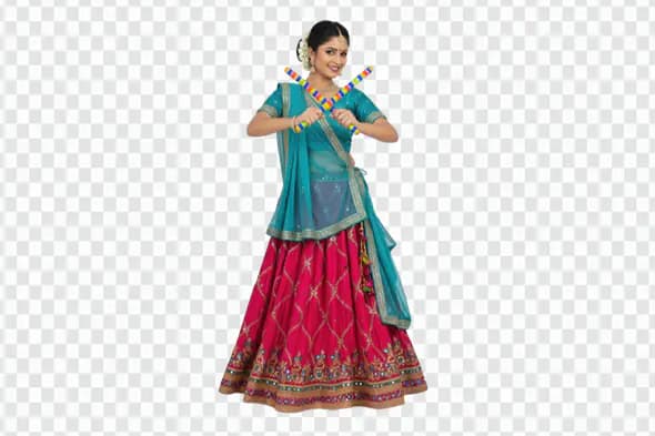 Festive Indian Woman with Colorful Dandiya Sticks PNG
