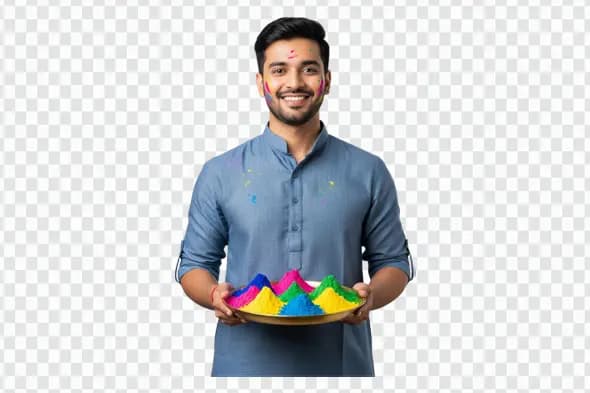 Smiling Indian Man Holding Holi Color Plate PNG Clipart