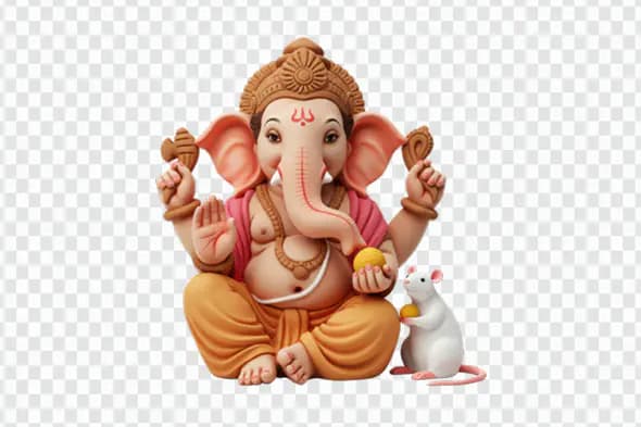 Adorable Ganesha Statue with Mouse Companion PNG