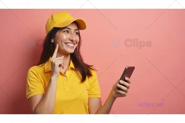 Smiling Female Delivery Worker Holding Smartphone