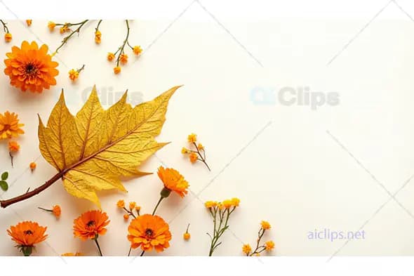 Autumn Floral Background with Yellow Leaves and Flowers