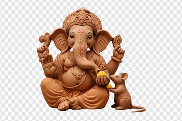Clay Ganesha Statue with Devoted Mouse PNG