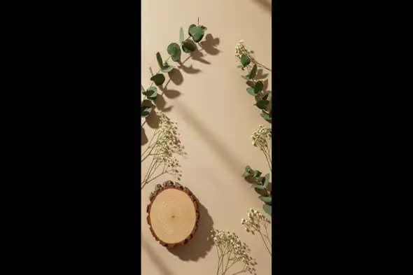 Minimal Product Background with Eucalyptus Leaves and Wooden Podium